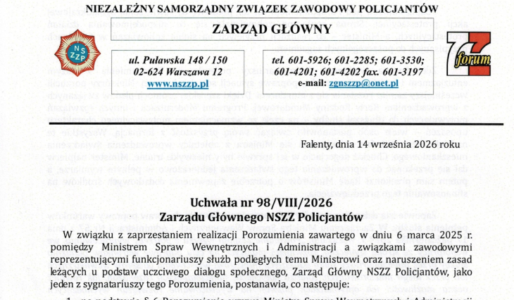 Zarząd Główny NSZZ Policjantów wzywa MSWiA do realizacji Porozumienia z 6 marca 2025 roku